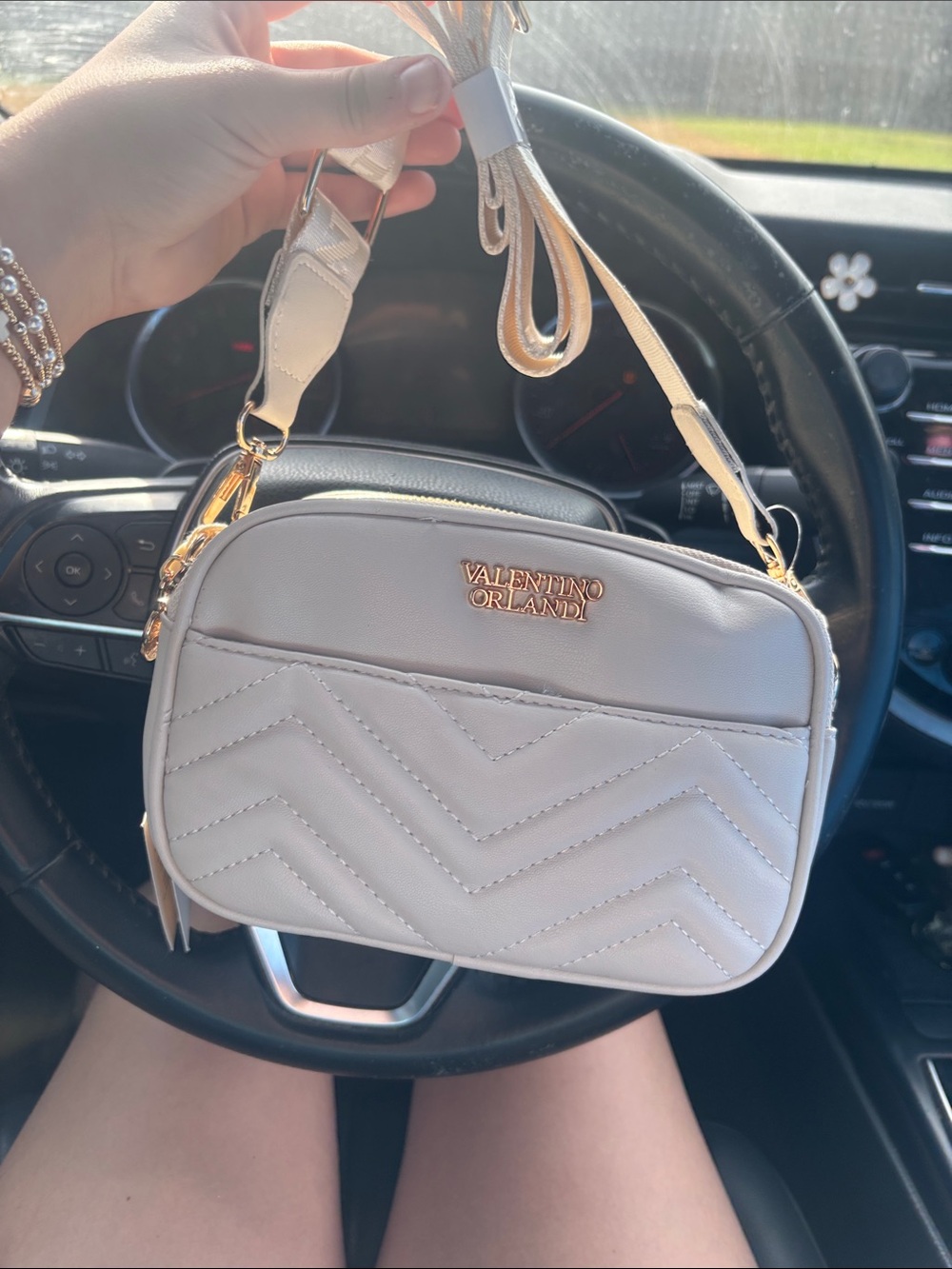 Valentino Orlandi Beige Quilted Crossbody Bag with Gold Hardware